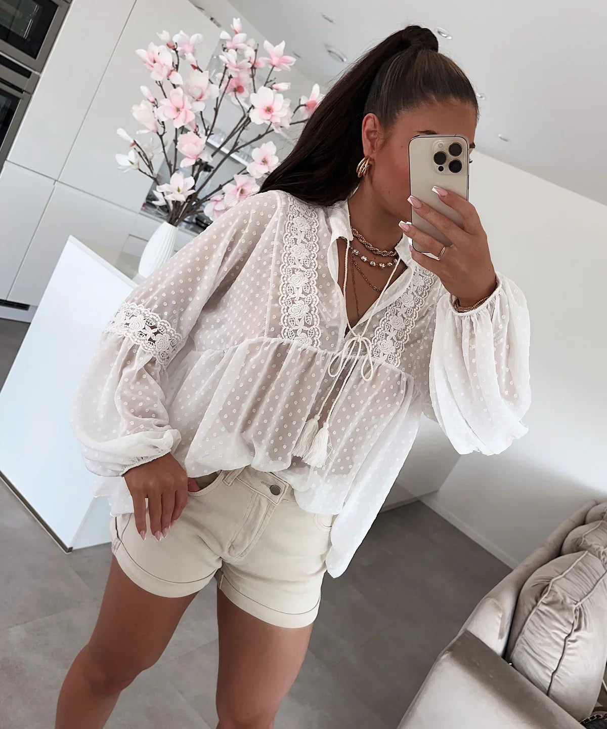 Zena - Damen Langarmbluse mit Spitze