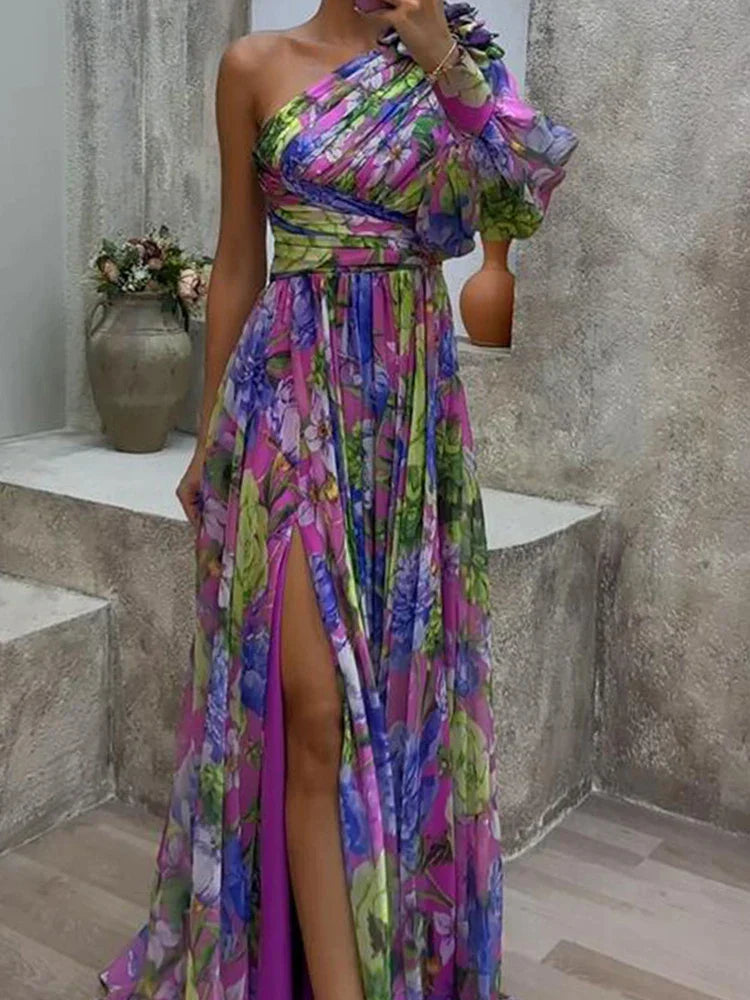 Lilac - Lila Druck Seite Schlitz ein Ärmel Sexy Maxikleid