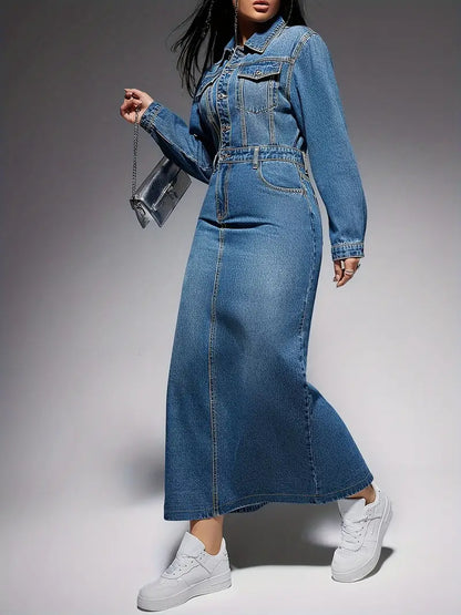 Lydia - Elegantes langärmeliges Kleid im Denim-Look für Frauen