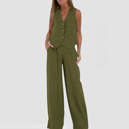 Hilda - Stilvolles Baumwoll-Leinen-Westen-Hosen-Set mit weitem Bein