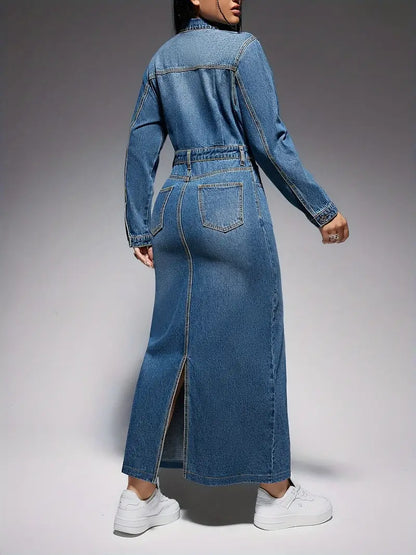 Lydia - Elegantes langärmeliges Kleid im Denim-Look für Frauen