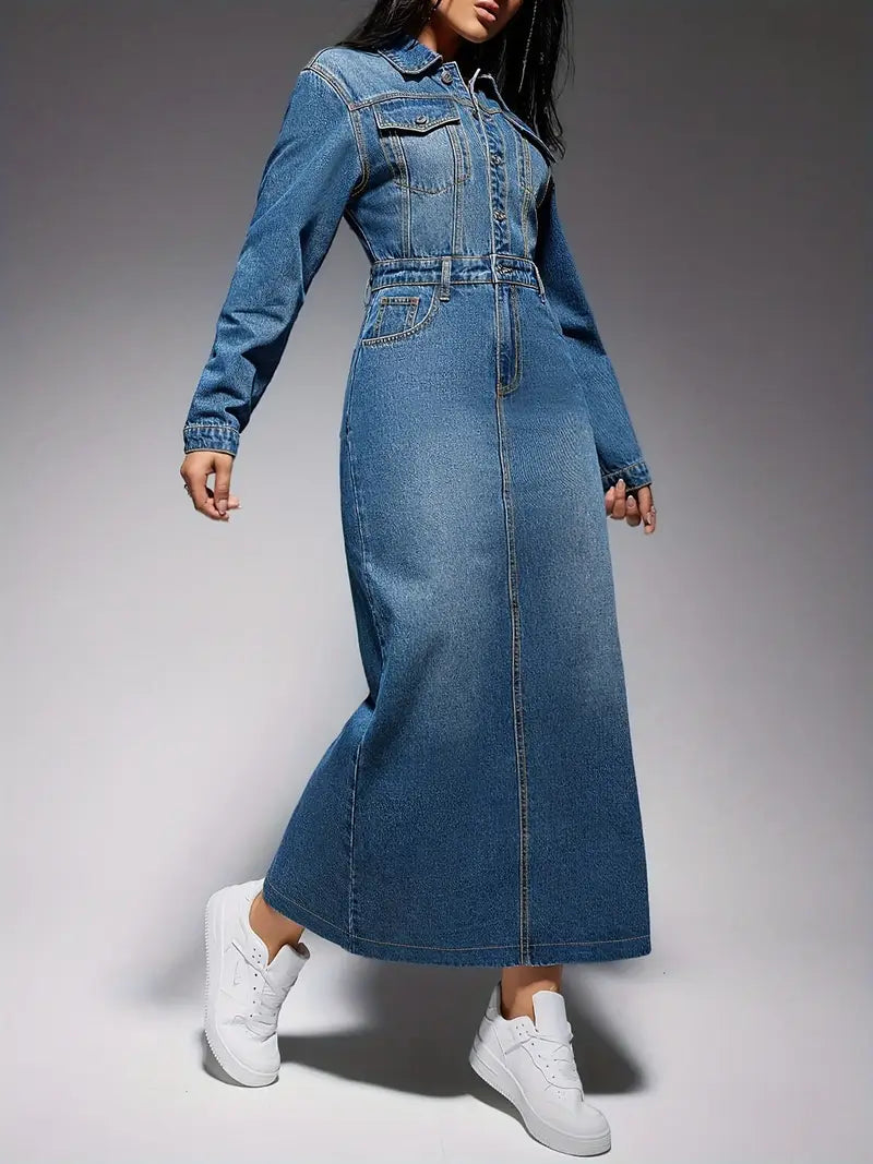 Lydia - Elegantes langärmeliges Kleid im Denim-Look für Frauen