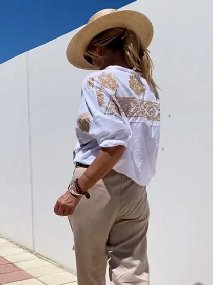 Thaniya - Geblümte Bluse im Vintage-Stil mit Puffärmeln