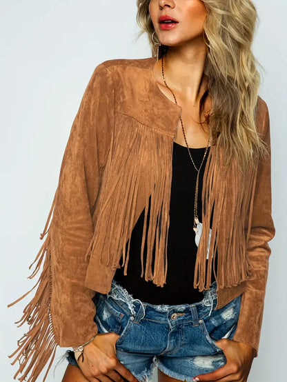 Amelia - Offene Jacke mit Fransensaum in Wildlederoptik