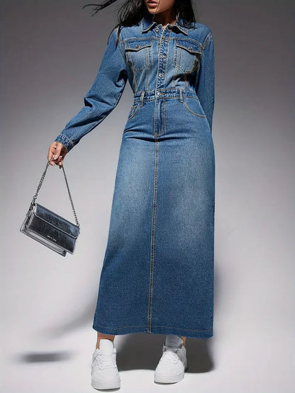 Lydia - Elegantes langärmeliges Kleid im Denim-Look für Frauen