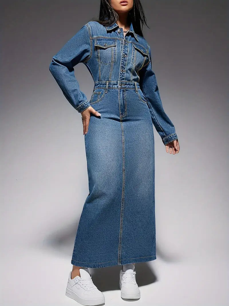 Lydia - Elegantes langärmeliges Kleid im Denim-Look für Frauen