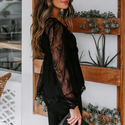 Simone - V-Ausschnitt bedruckte Spitze Damen Top